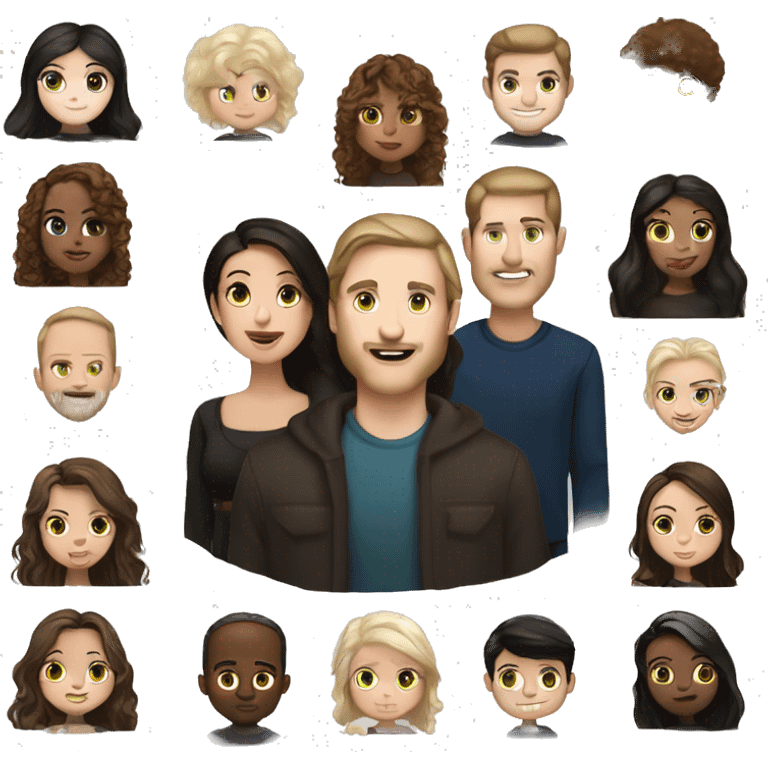 Man with white skin brown hair and hazel green eyes and Woman with brown eyes and black long hair white skin they have 2 kids family portrait emoji