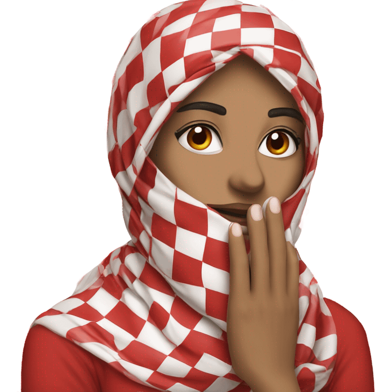 Woman wearing red and white checkered kuffiyeh hand covering mouth emoji