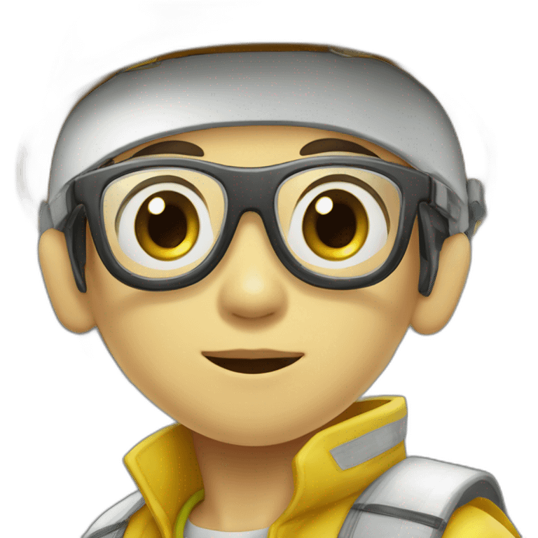 chinese boy with very thick lip small eyes and had glasses wearing yellow rain jack and a white safety helmet doing inspection emoji