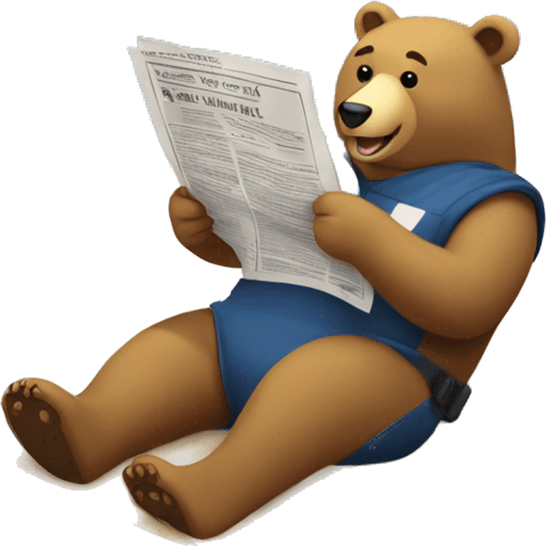 Bear lying on a beach, casually reading a newspaper, surrounded by sand and ocean, with a relaxed and cheerful vibe emoji