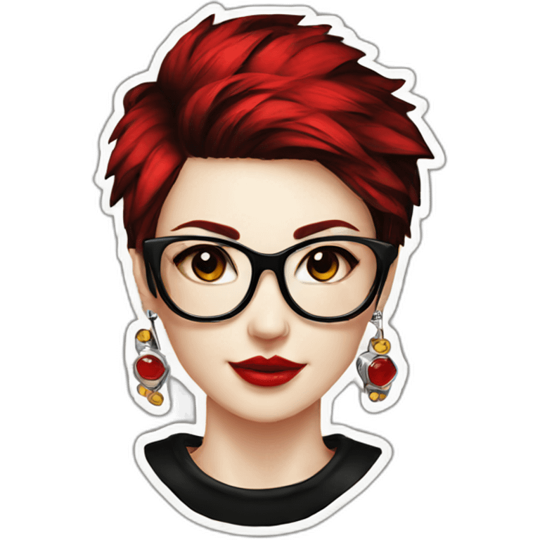 Punk female earrings glasses,red and black short hair, emoji