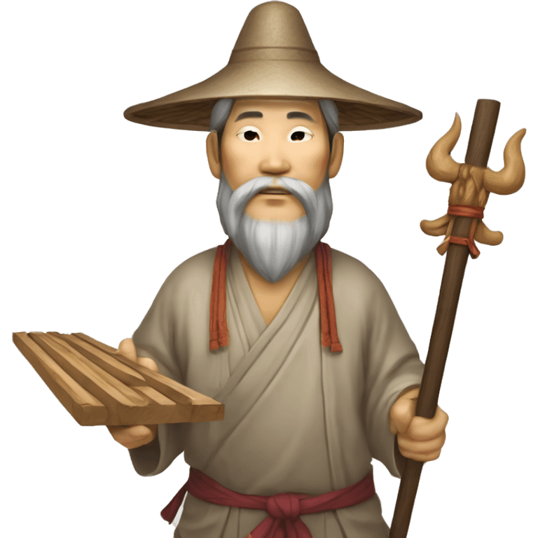 Lu Ban is a legendary figure in Chinese mythology, depicted as a clever craftsman often wearing wide robes, a broad-brimmed hat, and carrying woodworking tools. 🛠️🎩👕 emoji