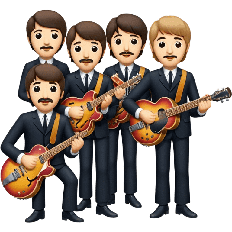 Cinematic Realistic The Beatles Group Emoji, depicted as an iconic band of four exuding playful charisma and musical genius with retro instruments and vibrant expressions, rendered with rich textures and nostalgic dynamic lighting that captures their legendary impact on pop culture. emoji