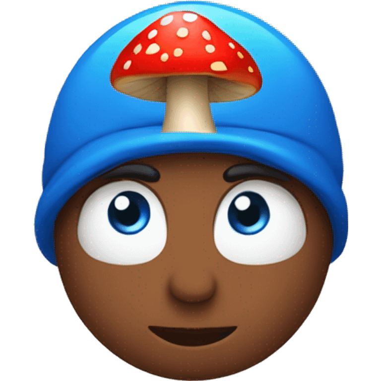 person with blue eyes and red mushroom in head emoji