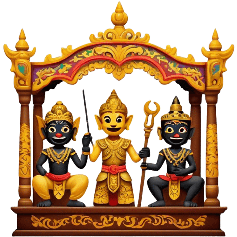 Cinematic Realistic Wayang Kulit Pop Culture Emoji, featuring a vibrant shadow-puppet theatre scene rendered with dynamic textures and artistic, traditional lighting. emoji