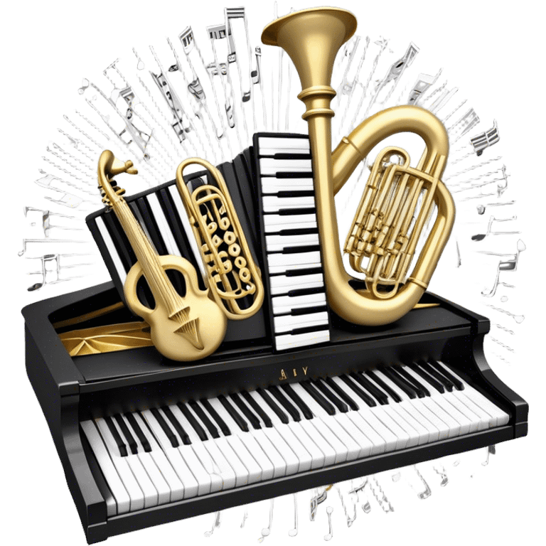 Create an elegant and festive emoji collage representing keyboard instruments, styled like a heraldic emblem. The design should feature a central focal point of black and white piano keys, arranged in a semi-circular or shield-like shape. Around the piano keys, add intertwining musical notes that form flowing ribbons, creating a dynamic and celebratory atmosphere. The design should be professional, with polished silver and gold accents on the keys and notes, highlighting the luxury and sophistication of the instruments. Add subtle shading and lighting effects to give the design a refined, 3D appearance. The background should remain transparent, and the overall feel should evoke grandeur, artistry, and a sense of celebration. emoji