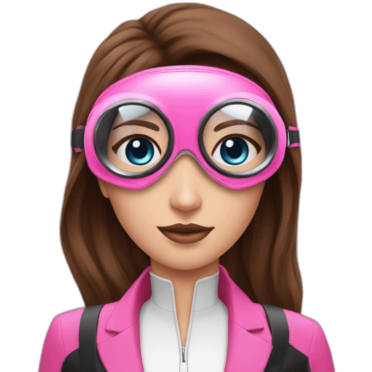 woman with blues eyes, large and straight brown hair, pink diving mask with a single crystal. underwater pink and black suit emoji