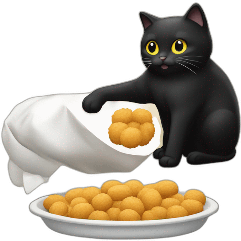 Un chat noir et blanc, en train de se battre avec un distributeur de croquettes emoji