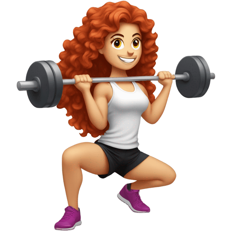 Sporty white Girl coach with long curly red hair doing squat with heavy weights emoji