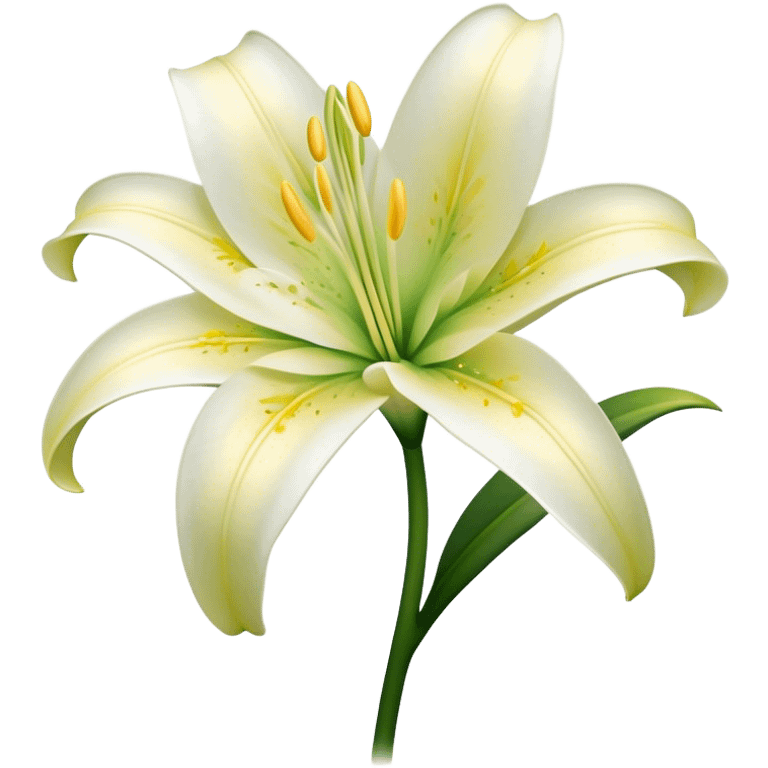 Cinematic Realistic Lily Emoji, Elegant and fragrant, with soft, white petals curling delicately around a golden-yellow stamen at its center. The long, slender green stem stands tall, supporting the vibrant bloom with its slightly curled tips. Soft glowing outline, capturing the essence of purity, elegance, and grace in a striking lily. emoji