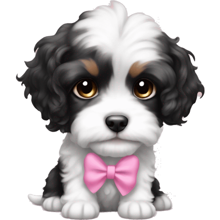 a cute black and white cavachon puppy with a pink bow in her fur emoji