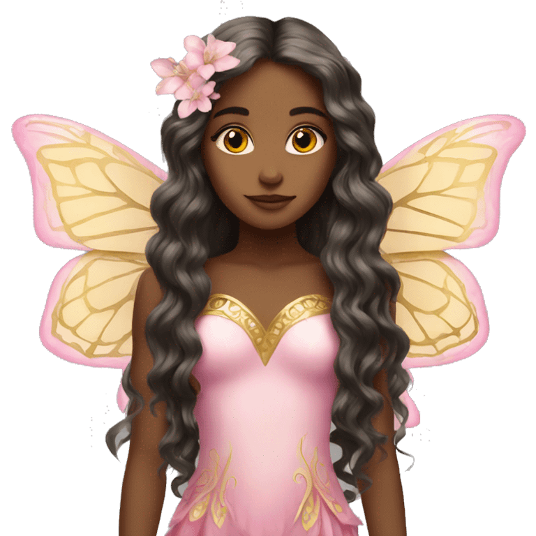 Beautiful, flower, fairy, pink, gold, long hair, butterfly wings emoji