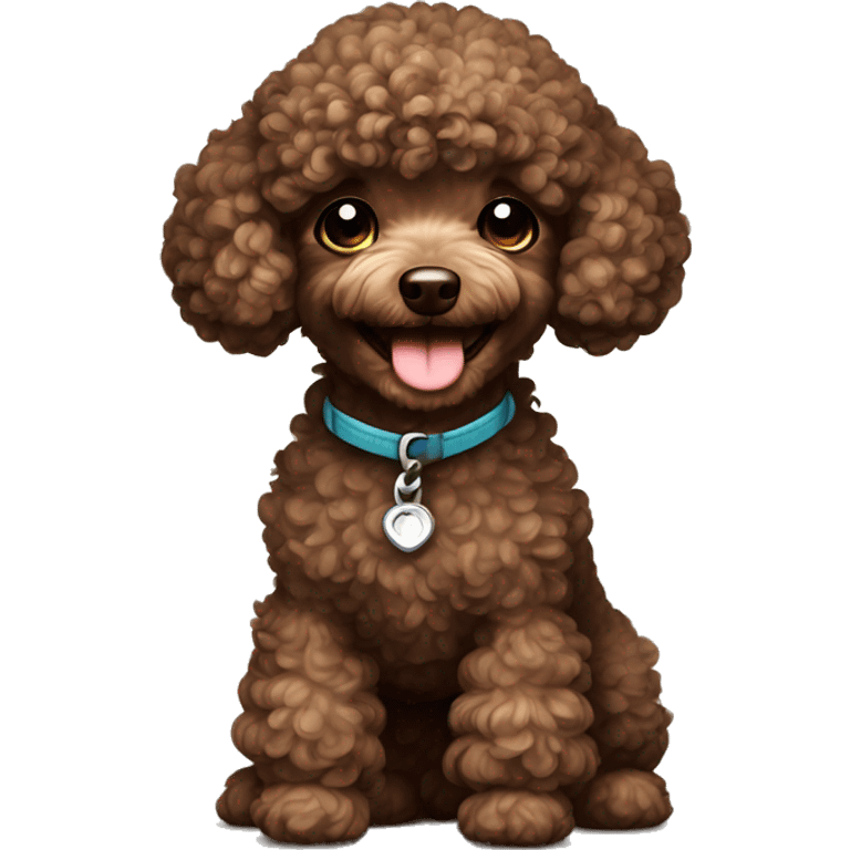 Toy poodle, smiling, curly hair in face, dark brown emoji