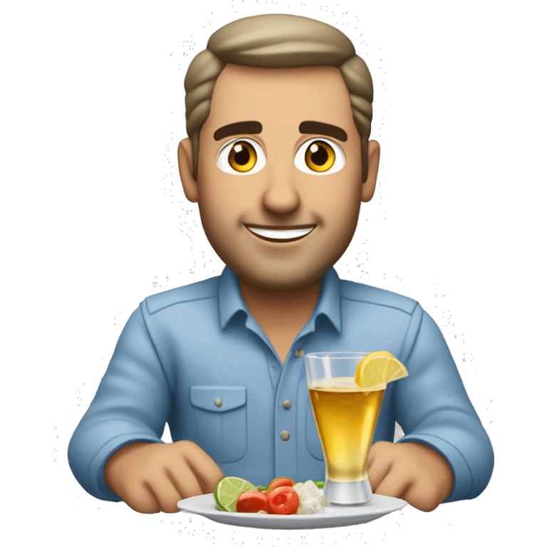 a man sitting at a table with appetisers and a glass of ouzo on the rocks emoji