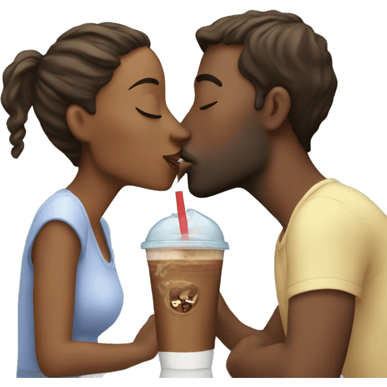 Couple kissing while drinking iced coffee  emoji