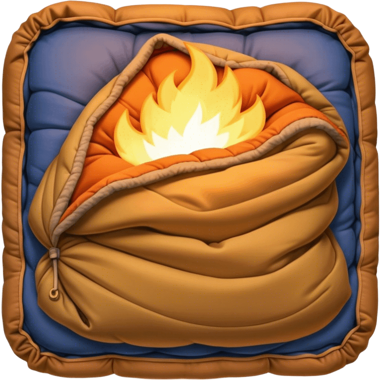 Cinematic Realistic Sleeping Bag, plush and slightly wrinkled, rich fabric texture catching the firelight, glowing with warmth and inviting coziness, nestled within a peaceful campsite. emoji