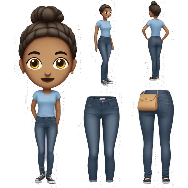 Make a girl with brow hair in a sleek bun wearing a baggy jeans  emoji