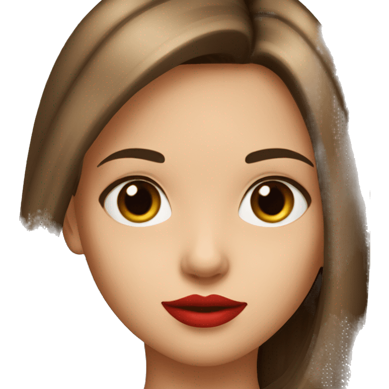 a young girl with long straight brown hair parted in the middle and red lips emoji