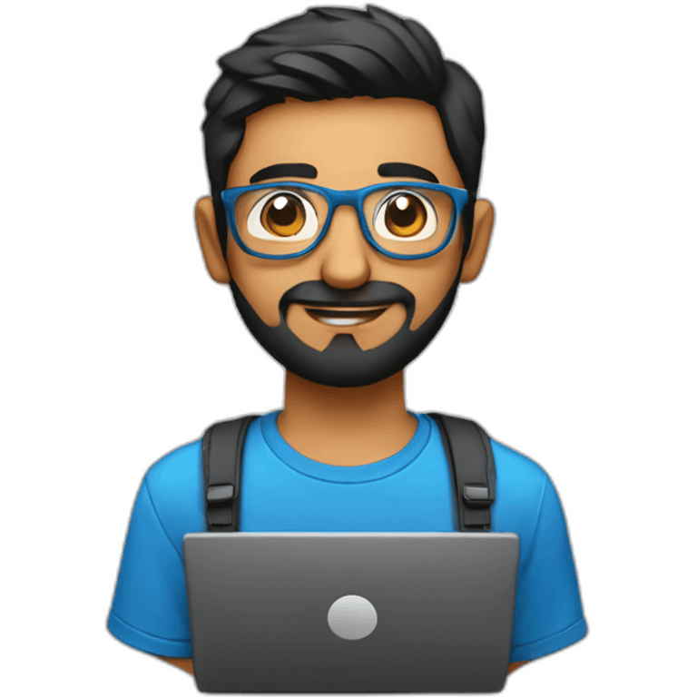 indian physics phd student holding a laser with a short beard and round glasses in a blue t shirt with black hair and a laptop bag emoji