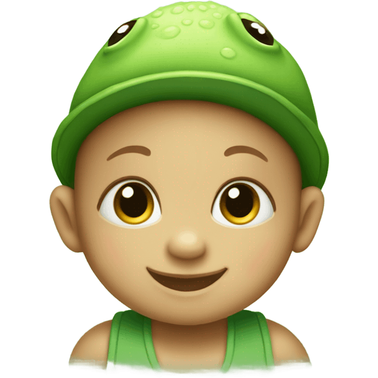 Baby wearing a frog hat emoji