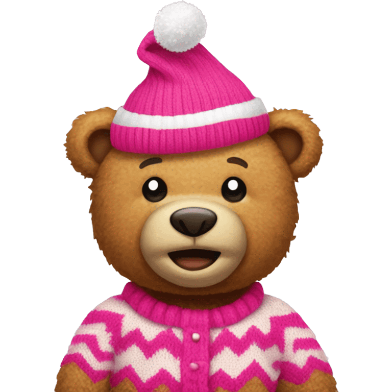 Teddy bear with a pink and white knitted zig zag sweater and a pink santa hat emoji