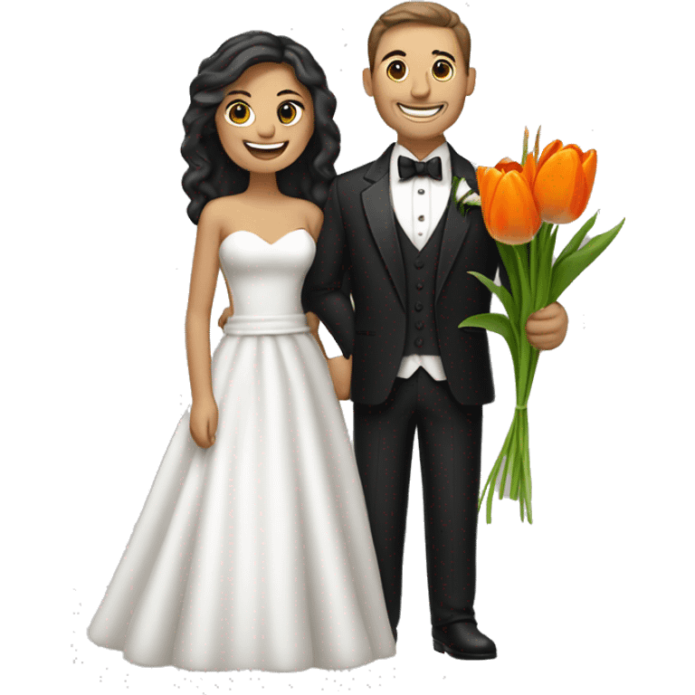 Wedding-themed emoji of a joyful couple. The man, in a black tuxedo, holds orange tulips, and the woman, in a white dress, holds a small flower. They stand close, smiling, with her arm on his shoulder, against a simple background emoji