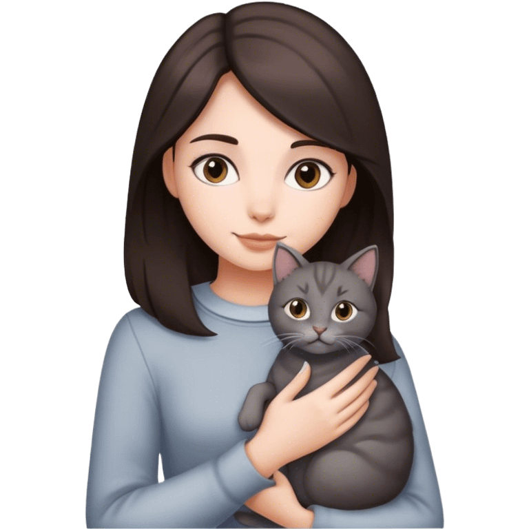 Dark Brown hair girl holding a grey cat emoji