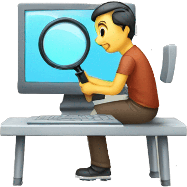 man using magnifying glass to read a computer monitor emoji