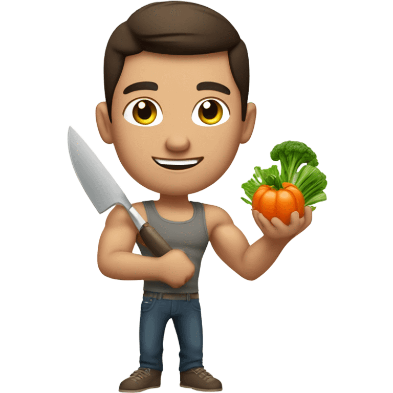 attractive muscular brunette young man using a chopping vegetables emoji