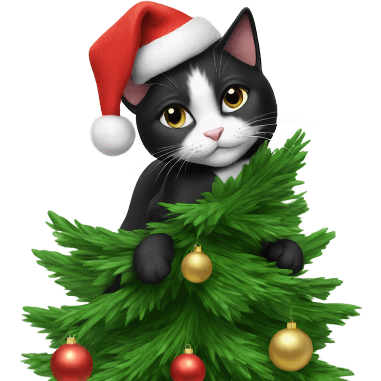 Tuxedo cat climbing Christmas tree emoji