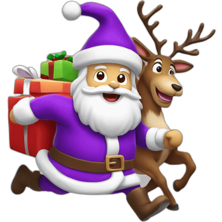 Santa Claus dressed in purple running with the reindeer to deliver the presents emoji