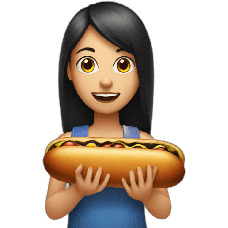 girl holding large black hotdog near mouth emoji