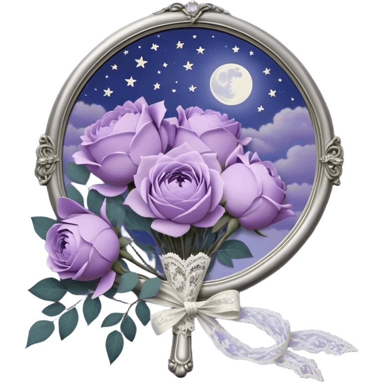 Under the soft light of a vintage brass lantern, a small bundle of lilac roses, indigo peonies, and delicate lavender sprigs is tied with a lace ribbon in a muted violet hue. Above, the sky is scattered with tiny silver stars, reflecting gently in the antique hand mirror with a moon-shaped handle beside the bouquet. emoji