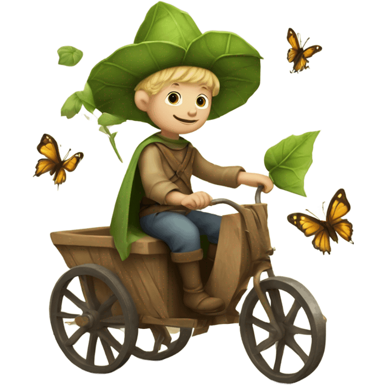 Medieval little whimsical little boy who is pale and he has a leaf hat and is riding a butterfly emoji