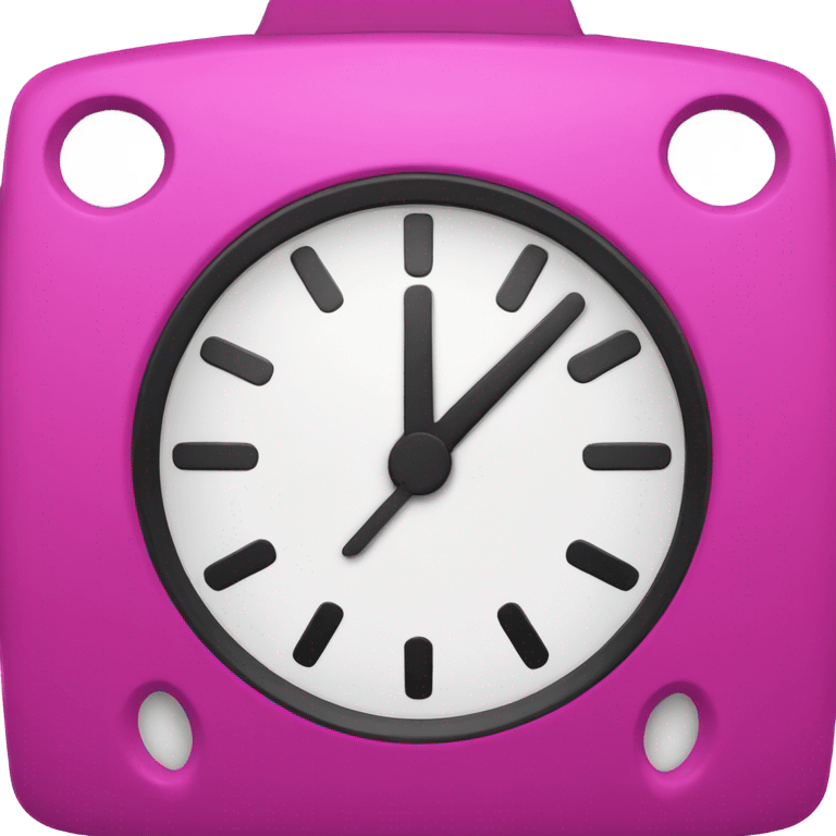 A fucsia alarm clock with black eyes and a white dial for a face emoji