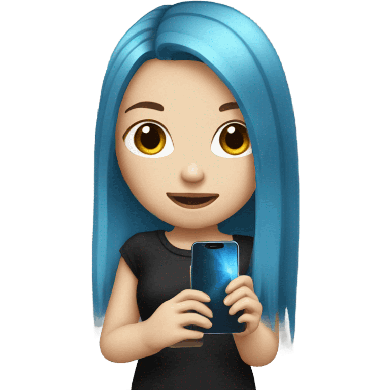 white skin girl with long blue hair in black clothes holding a phone emoji