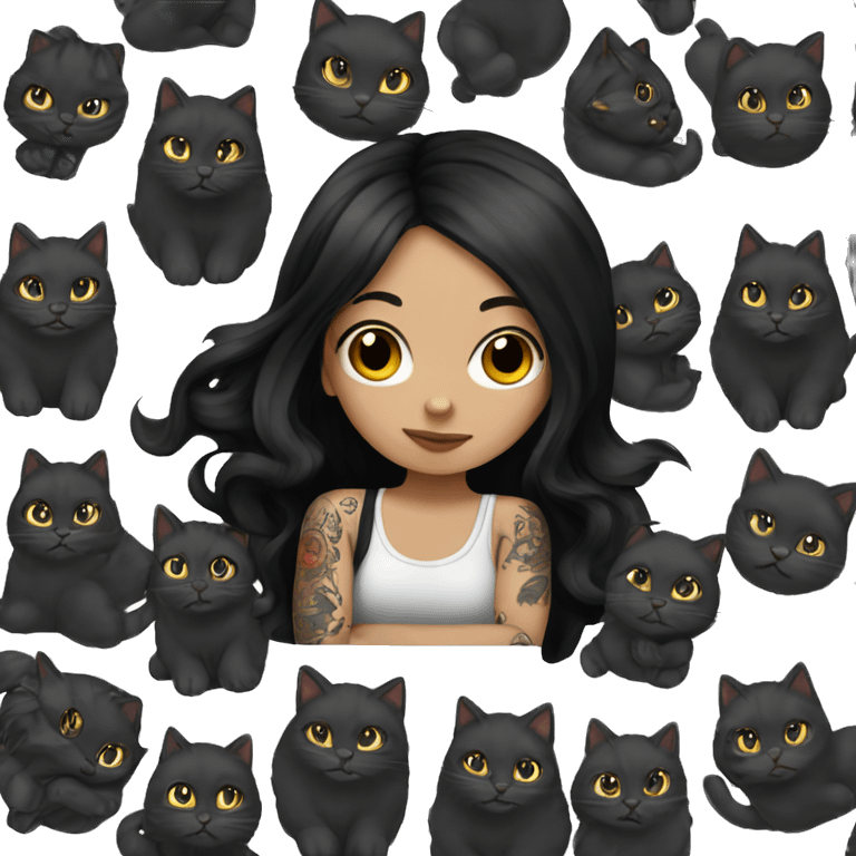 beautiful girl with tattoos, with long black hair and medium skin  , holding black kitty emoji