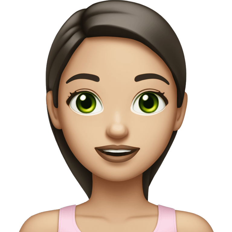 beautiful girl with high cheek bones, long straight shiny dark brown hair, big green eyes and big pale pink lips. Wearing a cream tank top emoji