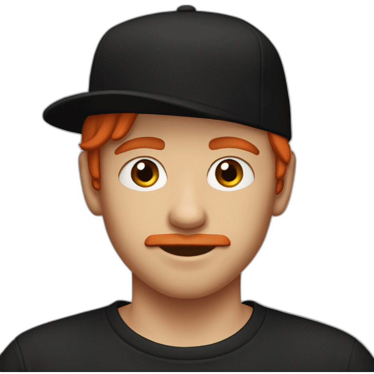 red head boy with red mustache, wearing a backwards cap, bron eyes arab eyebrows and black tshirt emoji