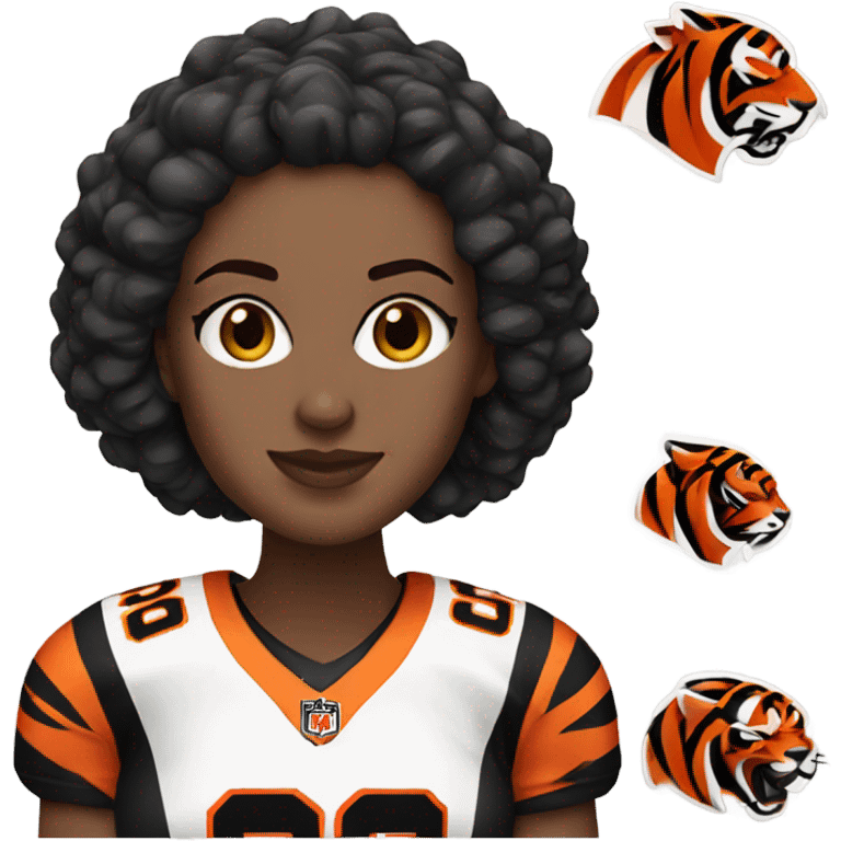 White women with brown hair wearing a Cincinnati bengals jersey emoji