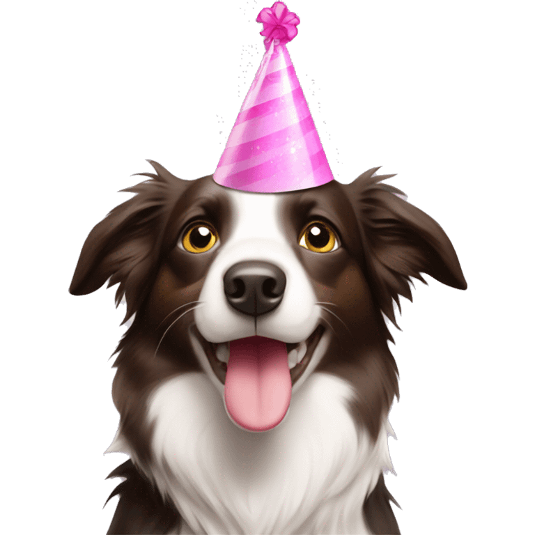 Border collie wearing pink birthday hat emoji