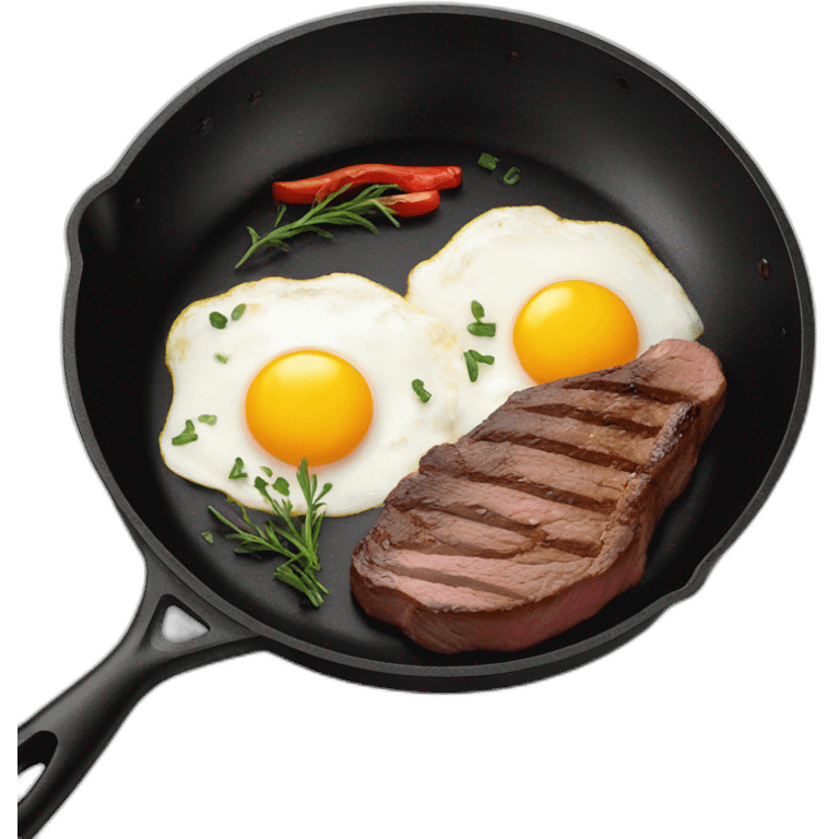 steak and eggs frying in black frying pan emoji