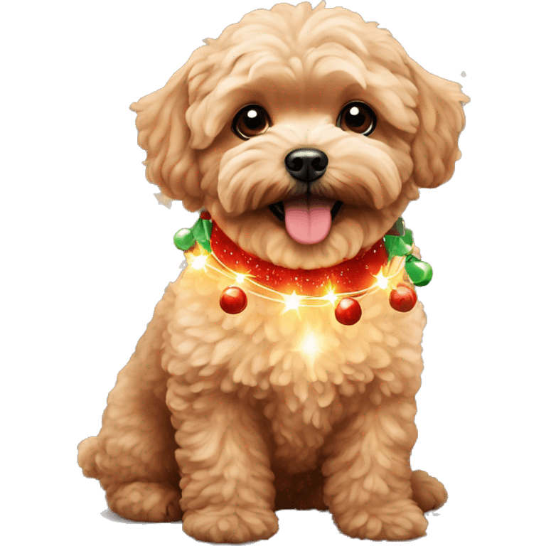 Red maltipoo with Christmas lights decorated around its neck emoji