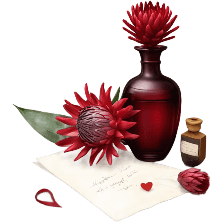 Dark red captivating perfume bottle with red proteas and a handwritten love letter emoji