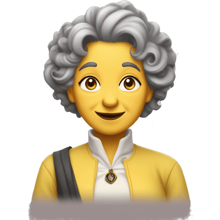 old, curvy woman, hufflepuff, grey and curly and wild hair, madame sprout, mot amused emoji