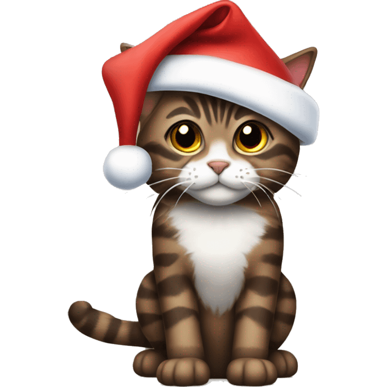 Dark brown tabby cat with Santa hat emoji