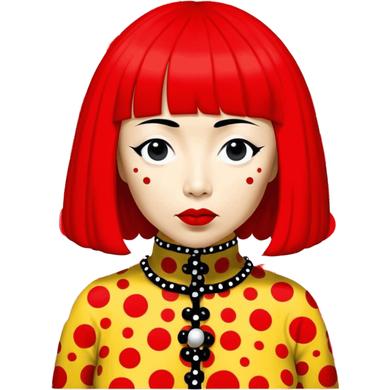 Yayoi Kusama – Cinematic Realistic Portrait of Yayoi Kusama, depicted as an avant-garde artist with an eccentric, captivating expression surrounded by her iconic polka dot patterns, rendered with vivid textures and imaginative lighting that evokes her unique, surreal creative world. emoji