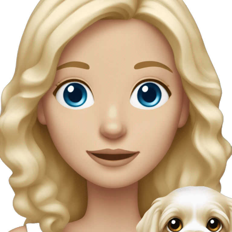 White blond girl with long hair and blue eyes holding a cavapoo dog emoji