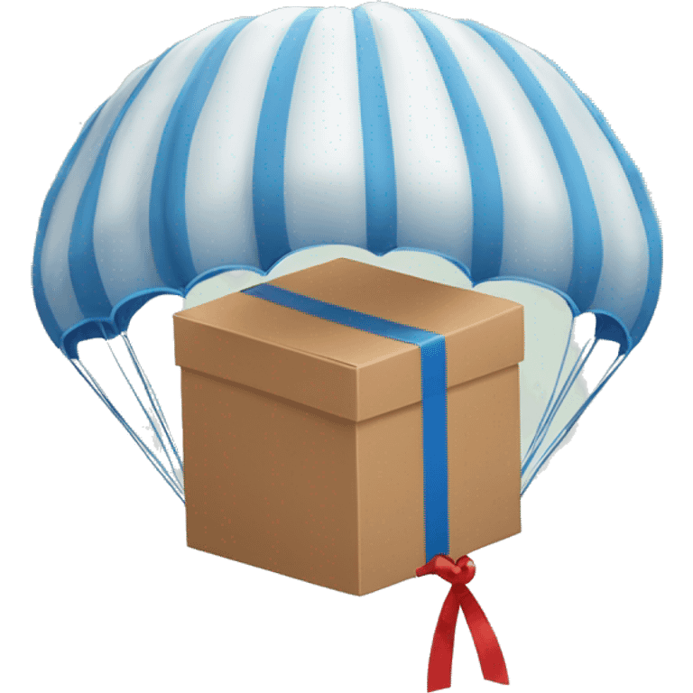 Parachute package emoji, flat design, brown box, red ribbon, blue parachute emoji