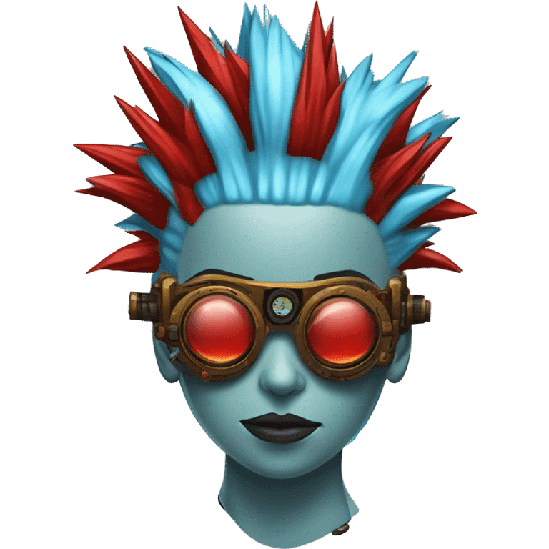 Light blue Mohawk hair female cyborg head with red steampunk goggles and circuits emoji